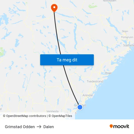 Grimstad Odden to Dalen map