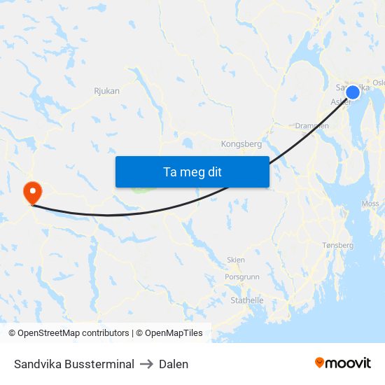 Sandvika Bussterminal to Dalen map