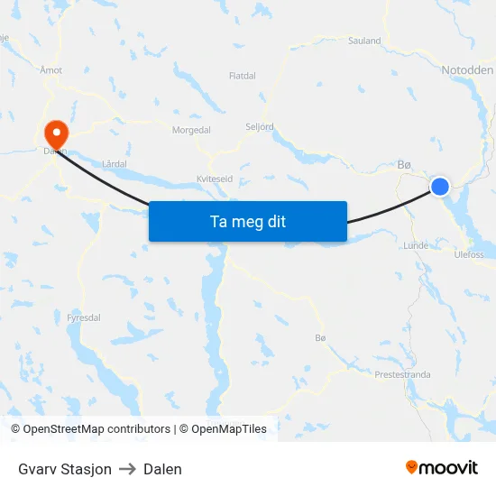 Gvarv Stasjon to Dalen map