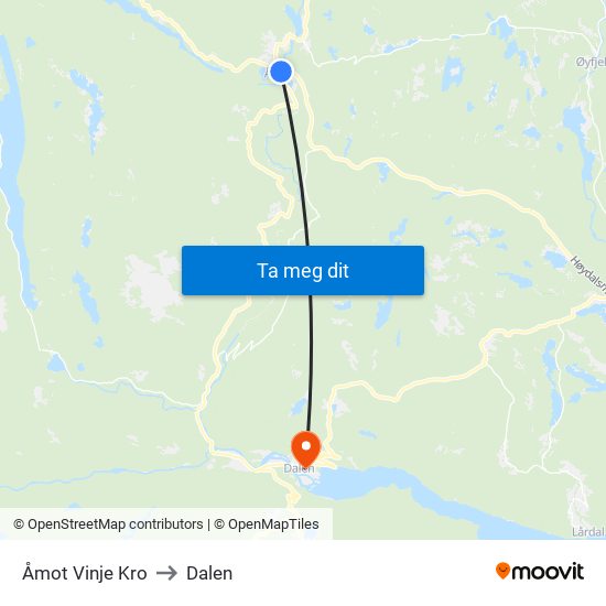 Åmot Vinje Kro to Dalen map