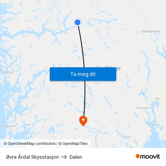 Øvre Årdal Skysstasjon to Dalen map