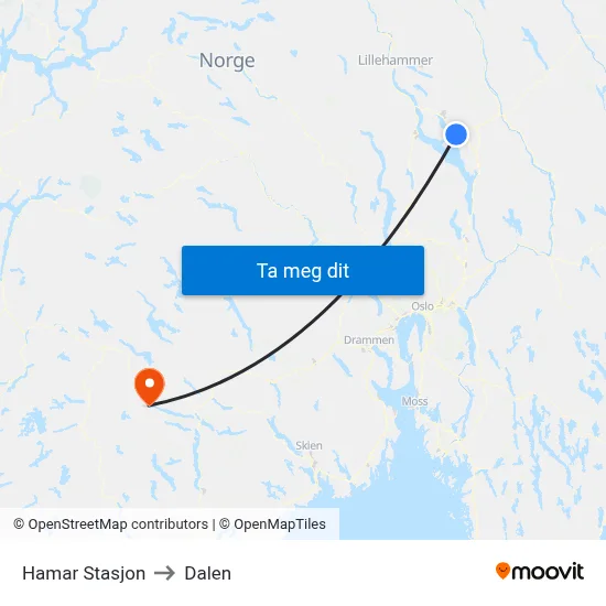 Hamar Stasjon to Dalen map