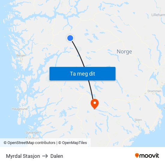 Myrdal Stasjon to Dalen map