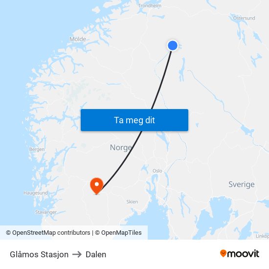 Glåmos Stasjon to Dalen map