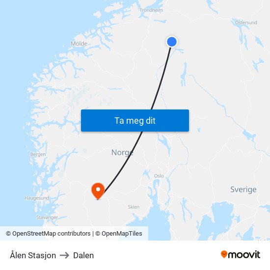 Ålen Stasjon to Dalen map