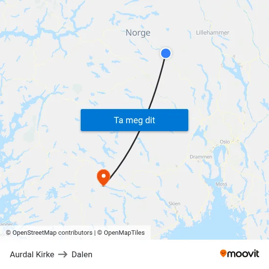 Aurdal Kirke to Dalen map