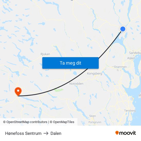 Hønefoss Sentrum to Dalen map