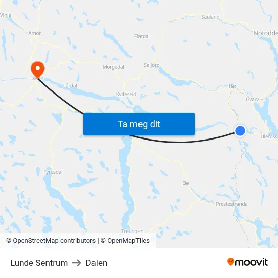 Lunde Sentrum to Dalen map