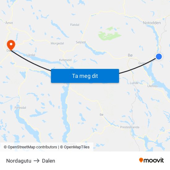 Nordagutu to Dalen map