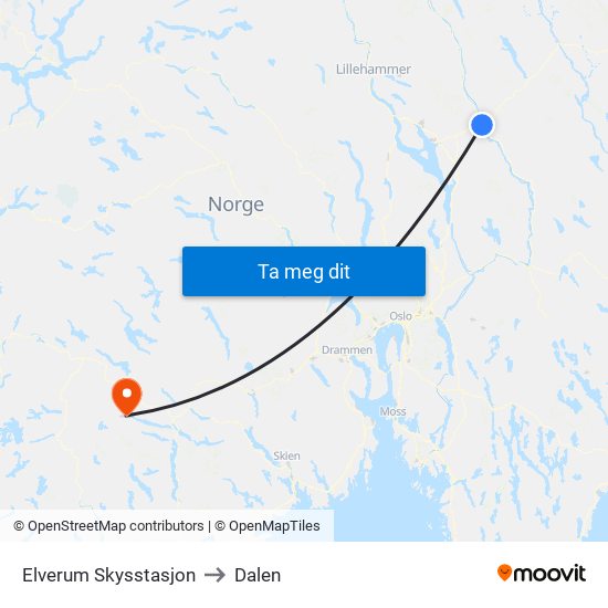 Elverum Skysstasjon to Dalen map