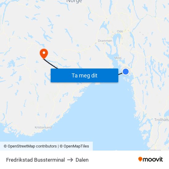 Fredrikstad Bussterminal to Dalen map