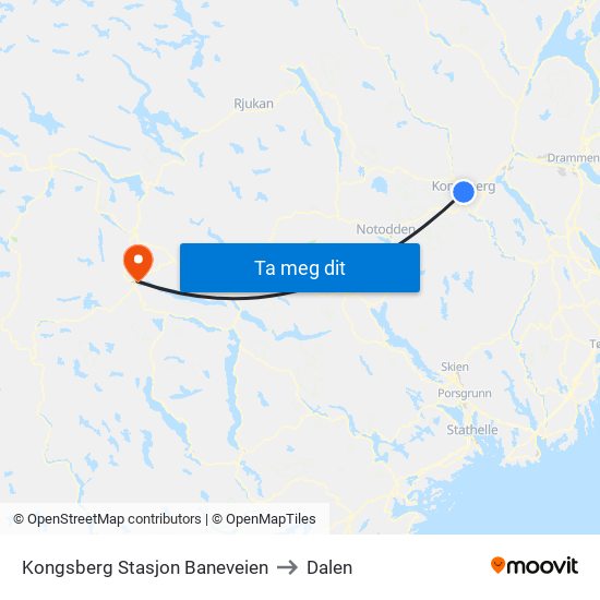 Kongsberg Stasjon Baneveien to Dalen map