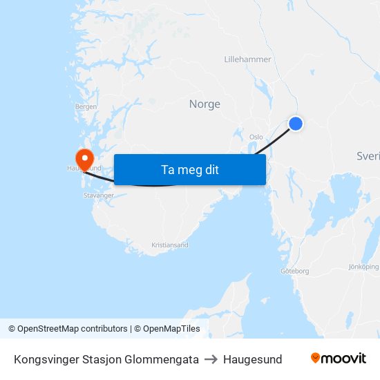 Kongsvinger Stasjon Glommengata to Haugesund map