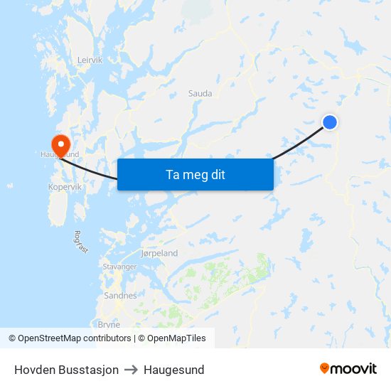 Hovden Busstasjon to Haugesund map