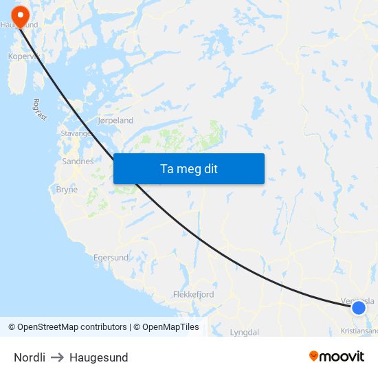 Nordli to Haugesund map