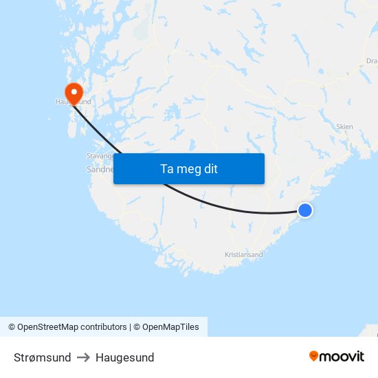 Strømsund to Haugesund map