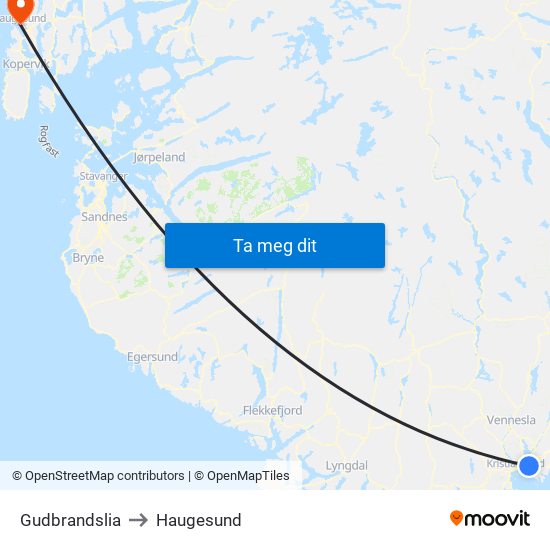 Gudbrandslia to Haugesund map