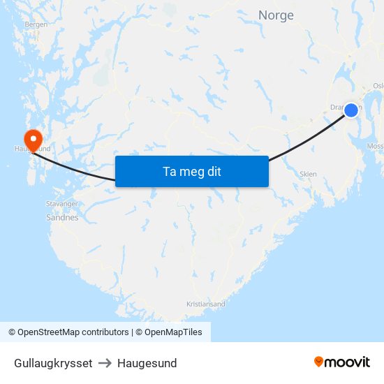 Gullaugkrysset to Haugesund map