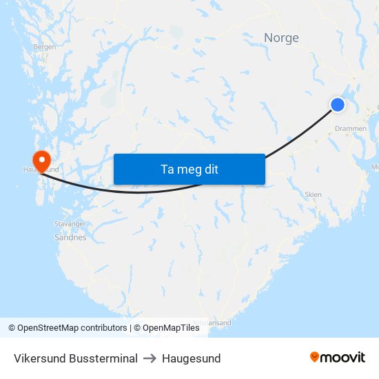 Vikersund Bussterminal to Haugesund map