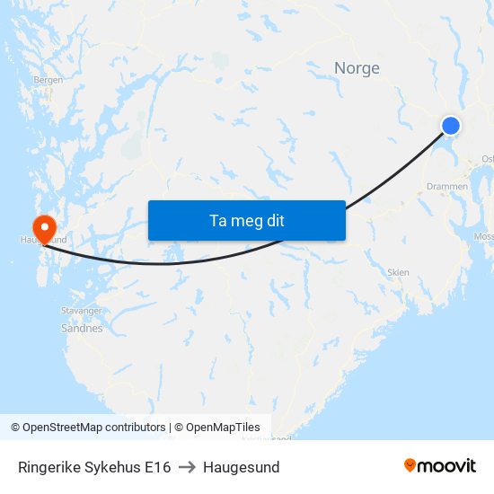 Ringerike Sykehus E16 to Haugesund map
