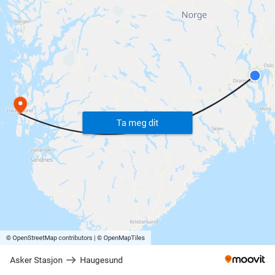 Asker Stasjon to Haugesund map