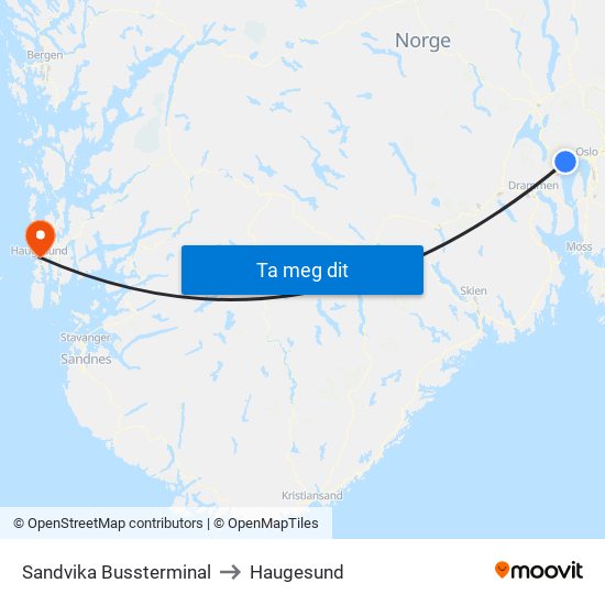 Sandvika Bussterminal to Haugesund map