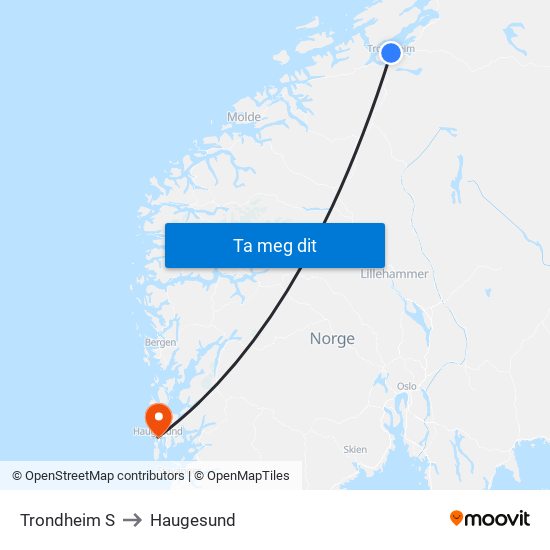 Trondheim S to Haugesund map