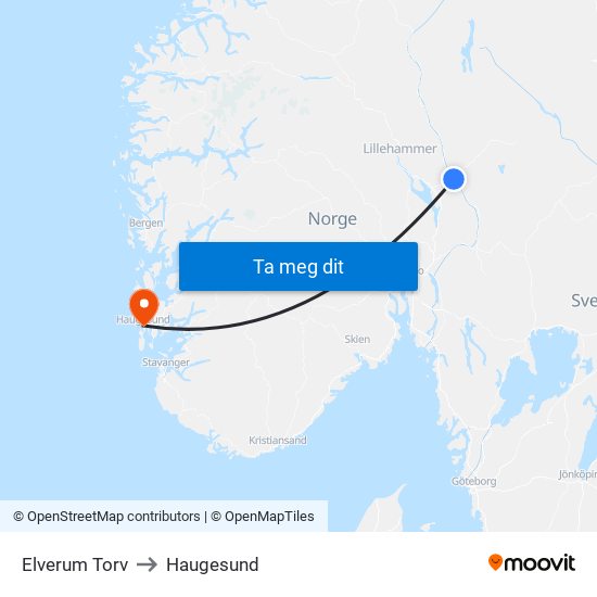 Elverum Torv to Haugesund map