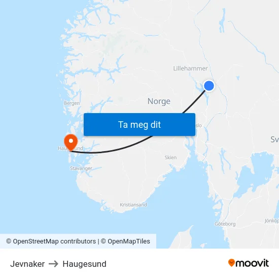 Jevnaker to Haugesund map