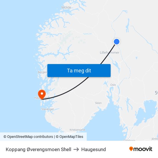 Koppang Øverengsmoen Shell to Haugesund map