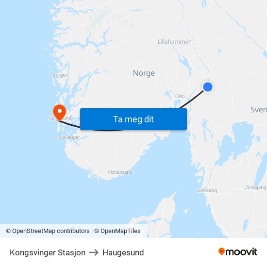 Kongsvinger Stasjon to Haugesund map