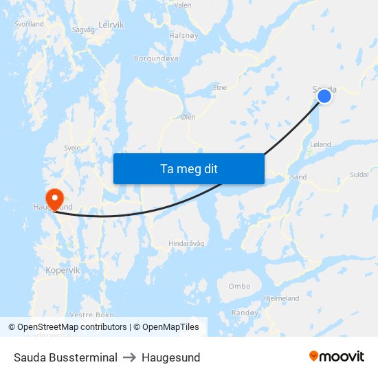 Sauda Bussterminal to Haugesund map