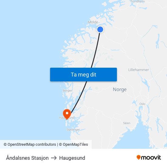 Åndalsnes Stasjon to Haugesund map
