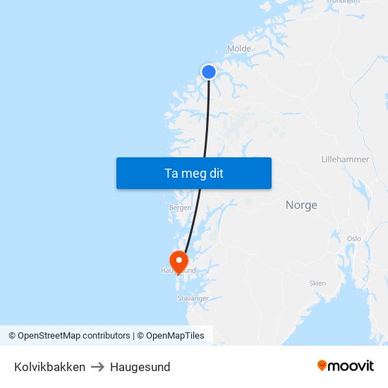 Kolvikbakken to Haugesund map