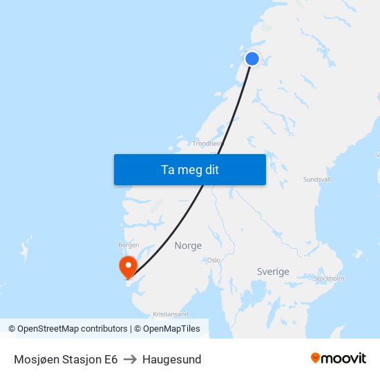 Mosjøen Stasjon E6 to Haugesund map