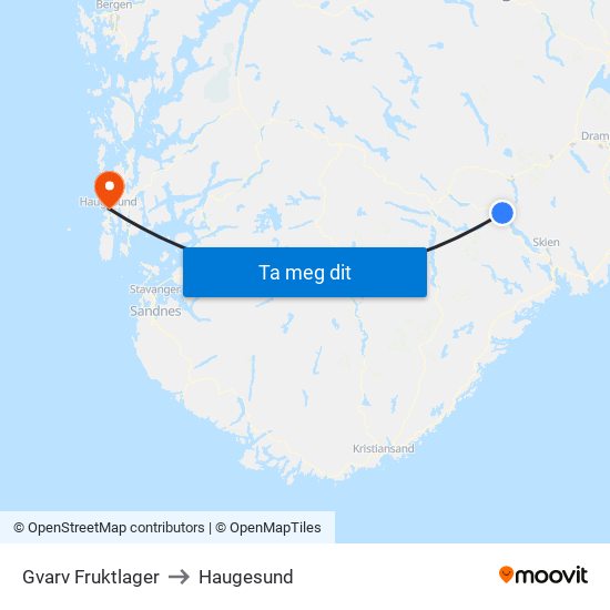 Gvarv Fruktlager to Haugesund map
