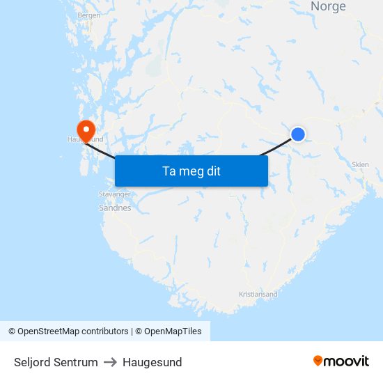 Seljord Sentrum to Haugesund map