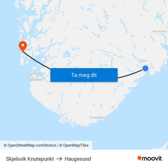 Skjelsvik Knutepunkt to Haugesund map
