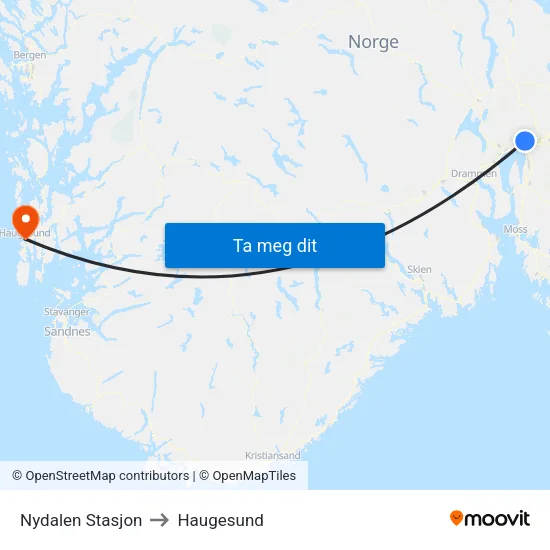 Nydalen Stasjon to Haugesund map