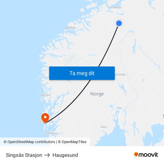 Singsås Stasjon to Haugesund map