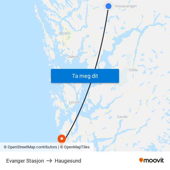 Evanger Stasjon to Haugesund map