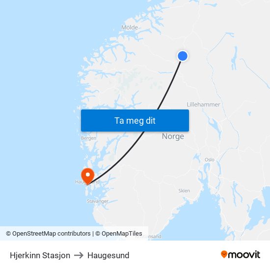 Hjerkinn Stasjon to Haugesund map