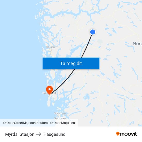 Myrdal Stasjon to Haugesund map