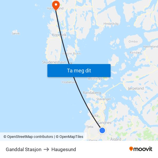 Ganddal Stasjon to Haugesund map
