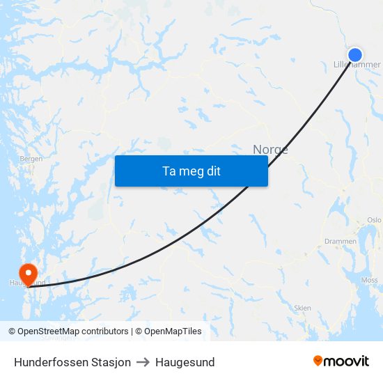 Hunderfossen Stasjon to Haugesund map