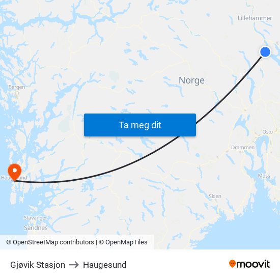 Gjøvik Stasjon to Haugesund map
