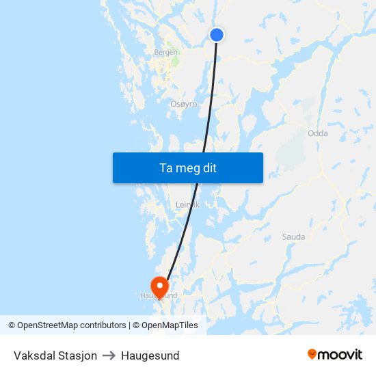 Vaksdal Stasjon to Haugesund map