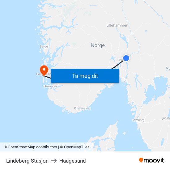 Lindeberg Stasjon to Haugesund map