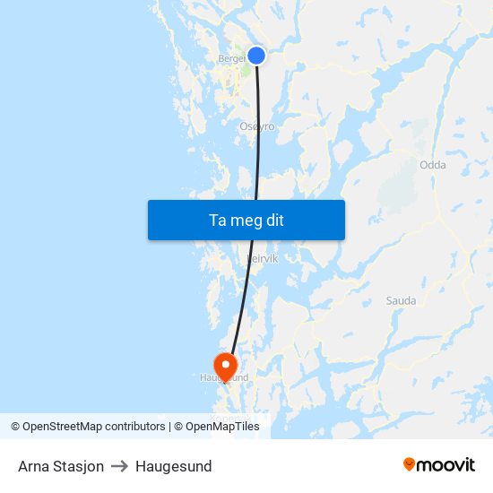 Arna Stasjon to Haugesund map