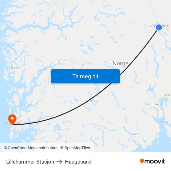 Lillehammer Stasjon to Haugesund map